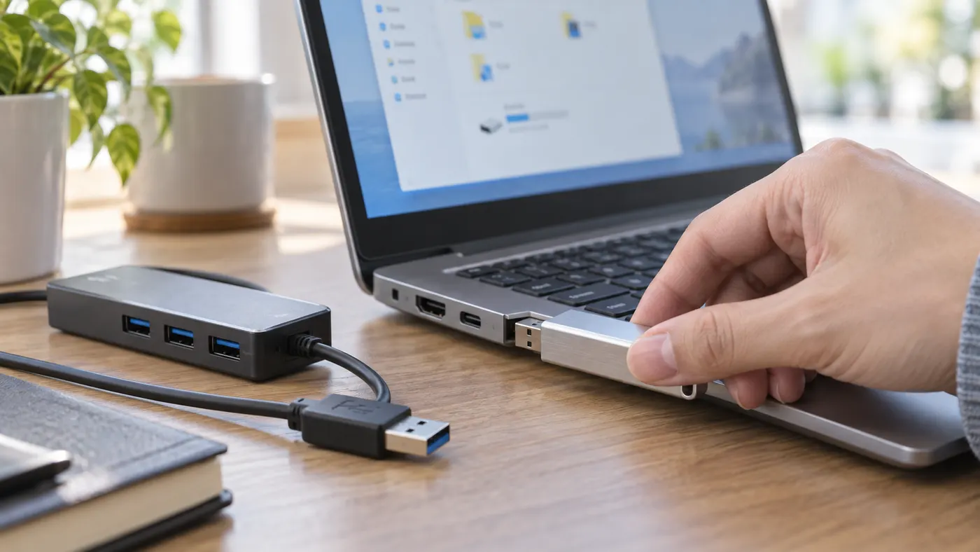 USB 허브 대신 노트북 포트에 USB 메모리를 직접 연결하는 손