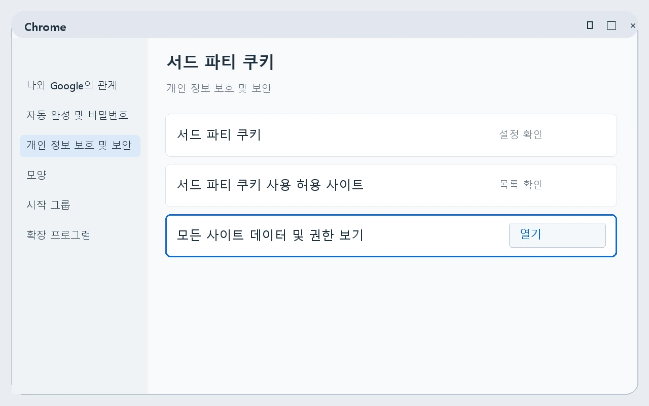 모든 사이트 데이터 및 권한 보기 메뉴 안내