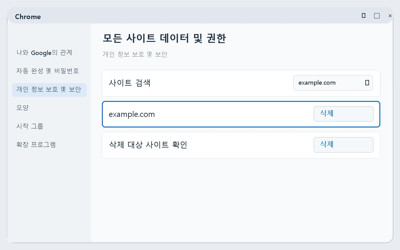 사이트 이름으로 찾은 뒤 삭제 대상을 확인하는 안내