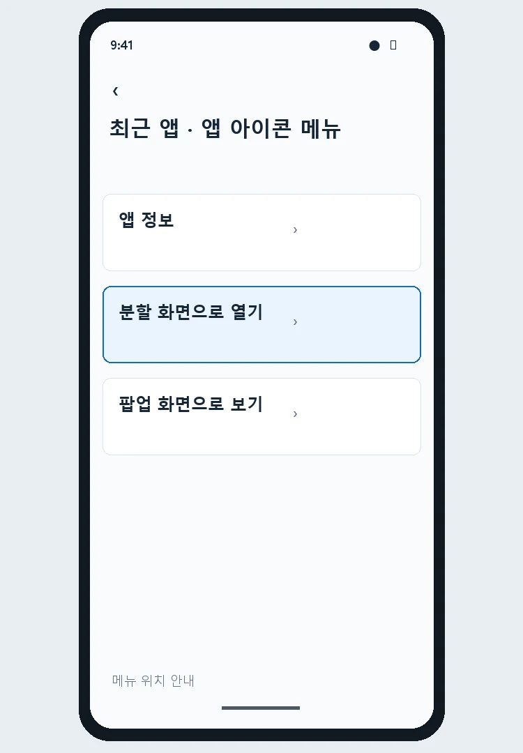 최근 앱의 아이콘 메뉴에서 분할 화면으로 열기를 선택하는 안내